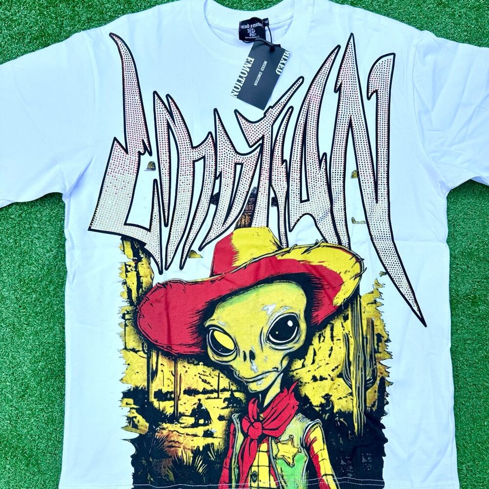 MIXED EMOTION Rhinestone Alien Cowboy T Shirt New With Tag SEALED